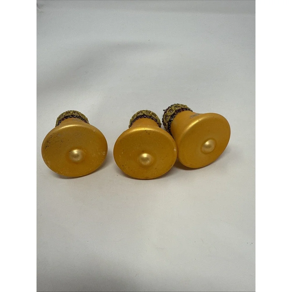 Vintage West Germany 3‎ Bells Stenciled Red Gold Glittered Blown Glass Ornaments